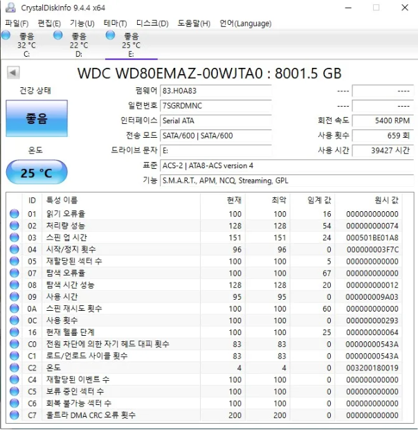웨스턴디지털 하드디스크 성능 테스트: 중고 WD 8TB 적출품 구매 후 크리스탈디스크인포 분석 결과