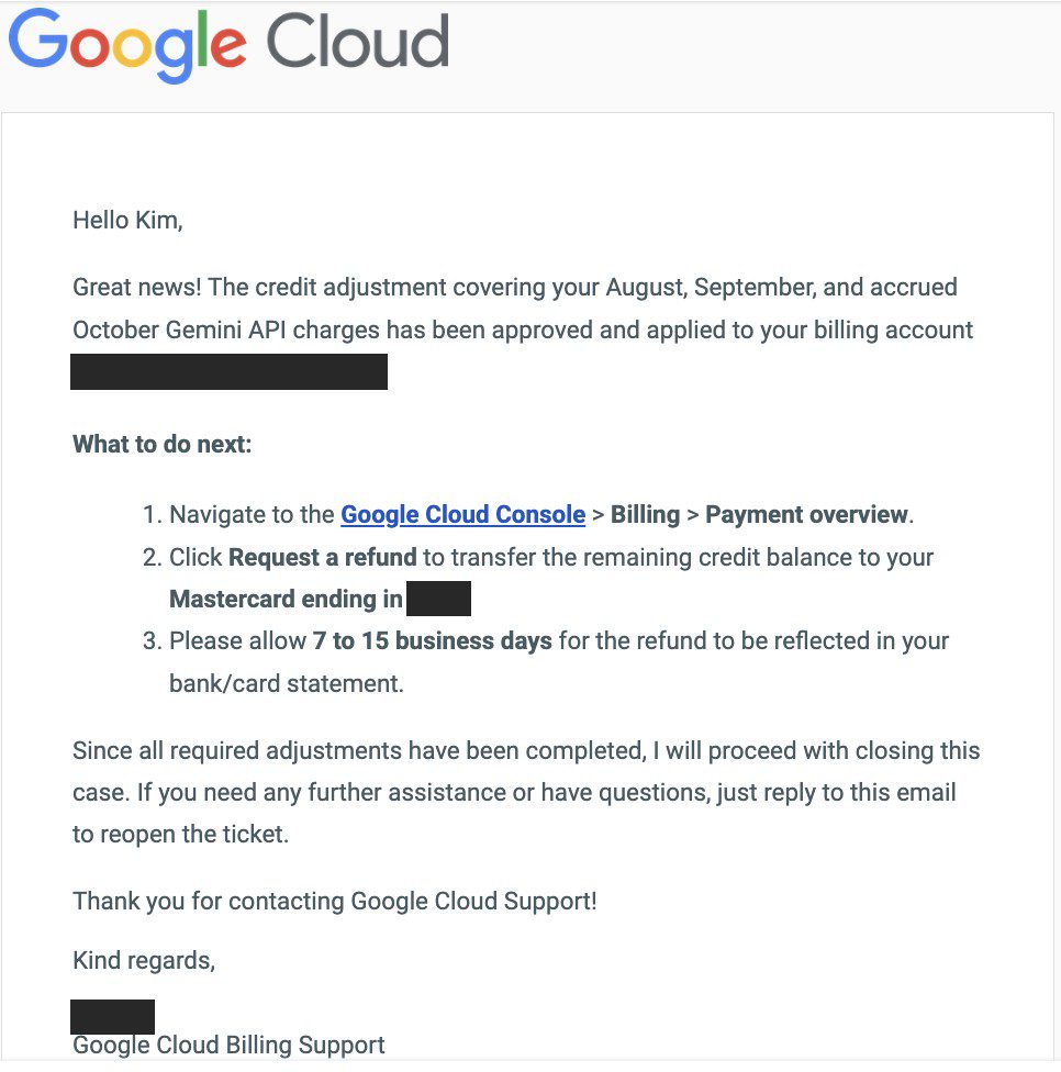 크레딧 조정 승인 메일 (결제 계정 번호·카드 번호는 가림)