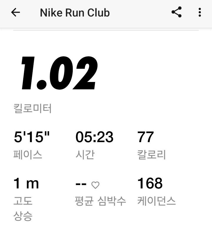 나이키 런클럽 — 1.02km, 5분 15초 페이스