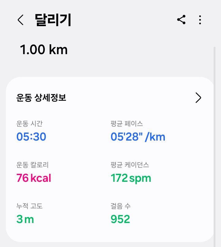 삼성 헬스 — 1.00km, 5분 28초 페이스, 952걸음